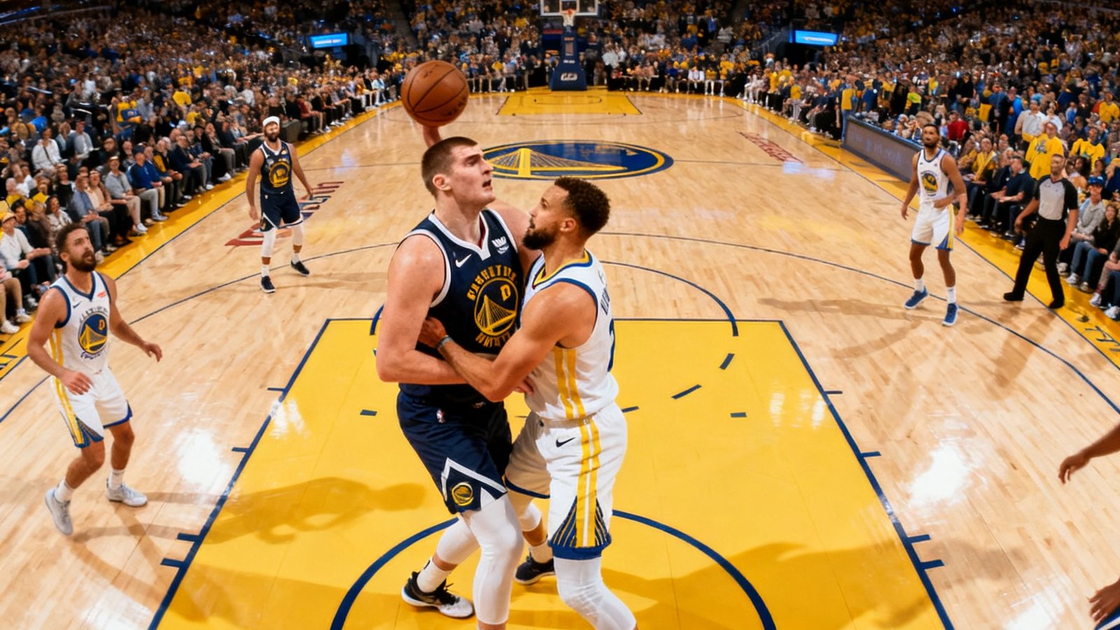 NBA季后赛掘金对阵勇士，约基奇篮下强打库里，球馆内气氛热烈